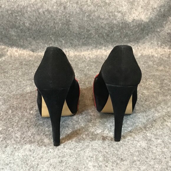 Nine West Women's Black Leather Front Red Strap Leopard Open Toe Heel Shoes - Picture 13 of 14